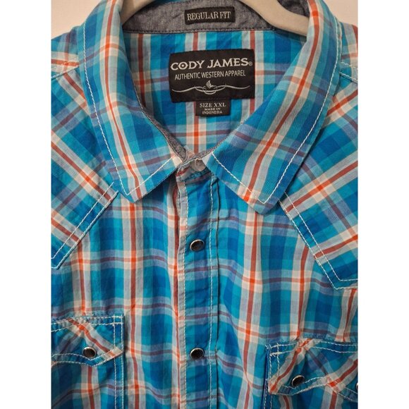 Cody James Mens Western Plaid Snap Button Shirt 2XL Regular Fit Blue/Orange Cott - Picture 2 of 6